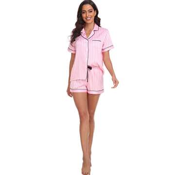 Serenedelicacy Women's Satin Pajama Set 2-Piece Sleepwear Loungewear Button Down Short Sleeve Silky PJ Set (Small, Pink, Striped)