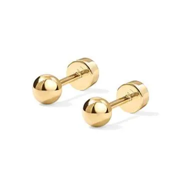 PAVOI 14K Yellow Gold Plated Solid 925 Sterling Silver Post Ball Stud Flat Back Earrings for Women - Cartilage Helix Piercing Jewelry - Big Gold Stud Earrings