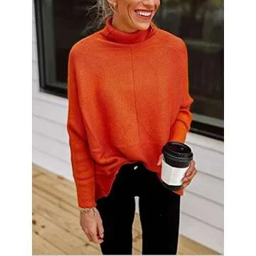 ANRABESS Women's Orange Rust Long Sleeve Turtle Neck Knitted Oversized Pullover Sweater