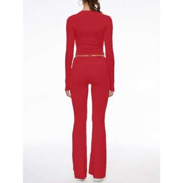 AnotherChill Women's 2 Piece Lounge Sets Fold-over Flare Pants Set Long Sleeve Cropped Top Casual Outfits Pajamas (Red, Medium)