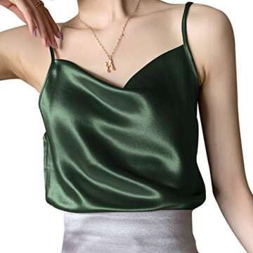 Miqieer Basic Women's Silk Tank Top Ladies V-Neck Camisole Silky Loose Sleeveless Blouse Satin Tank Shirt(Cowl Neck-Green,XL)