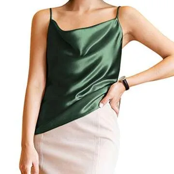 Miqieer Basic Women's Silk Tank Top Ladies V-Neck Camisole Silky Loose Sleeveless Blouse Satin Tank Shirt(Cowl Neck-Green,XL)