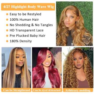 MEDDALE Highlight Ombre Lace Front Wig Human Hair Pre Plucked 180% Density Honey Blonde HD Transparent Lace Front Wigs Human Hair 4/27 13X4 Body Wave Lace Front Wig Human Hair 30 Inch