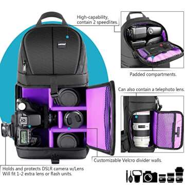 Neewer Professional Camera Storage Bag Sling Carrying Case Black Waterproof and Tear Resistant for DSLR Camera, Lens and Accessories (Purple Interior)