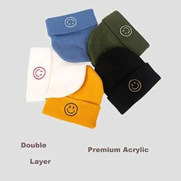 AJG Beanie Hats for Men,Unisex Smile Face Embroidered Acrylic Soft Warm Winter Cuffed Knit Hats for Women… (US, Numeric, 7, 7 1/2, 1-White)