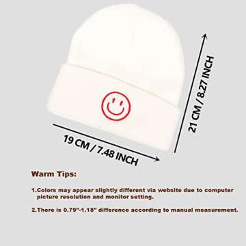 AJG Beanie Hats for Men,Unisex Smile Face Embroidered Acrylic Soft Warm Winter Cuffed Knit Hats for Women… (US, Numeric, 7, 7 1/2, 1-White)