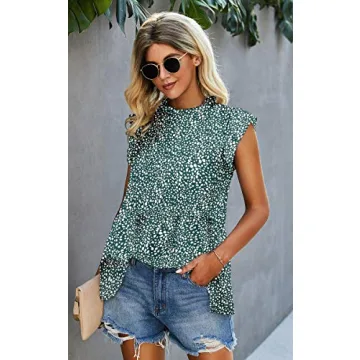 Angashion Women's Tops Casual Floral Print Cap Sleeve Ruffle Neck Loose Babydoll Shirt Blouse Tunic Top