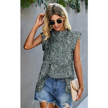 Angashion Women's Tops Casual Floral Print Cap Sleeve Ruffle Neck Loose Babydoll Shirt Blouse Tunic Top