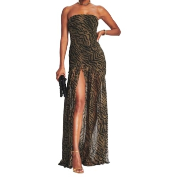 Women Tube Top Dress Tiger Stripe Mesh Patchwork Maxi Dress Strapless Sexy High Slit Long Dresses Pa...