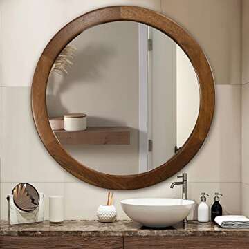 CULER Round Mirrors 30 Inch,Wood Vanity Wall Rustic Mirror with Walnut Frame, Wooden Mirror for Bath...