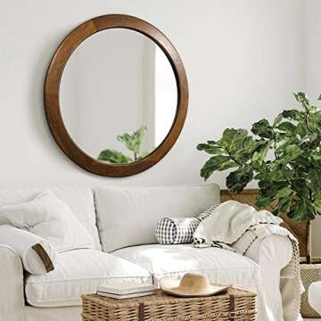 CULER Round Mirrors 30 Inch,Wood Vanity Wall Rustic Mirror with Walnut Frame, Wooden Mirror for Bathroom Bedroom Living Room Or Entryway(Walnut Brown)