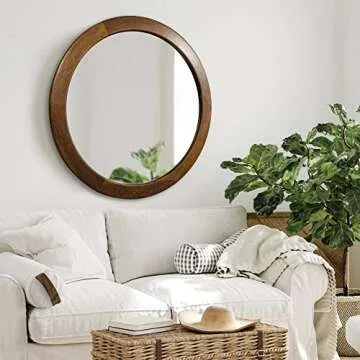 CULER Round Mirrors 30 Inch,Wood Vanity Wall Rustic Mirror with Walnut Frame, Wooden Mirror for Bathroom Bedroom Living Room Or Entryway(Walnut Brown)
