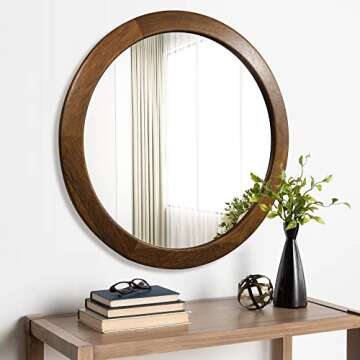 CULER Round Mirrors 30 Inch,Wood Vanity Wall Rustic Mirror with Walnut Frame, Wooden Mirror for Bathroom Bedroom Living Room Or Entryway(Walnut Brown)