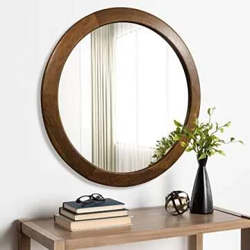 CULER Round Mirrors 30 Inch,Wood Vanity Wall Rustic Mirror with Walnut Frame, Wooden Mirror for Bathroom Bedroom Living Room Or Entryway(Walnut Brown)