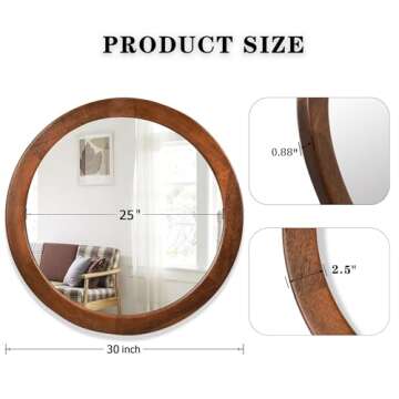 CULER Round Mirrors 30 Inch,Wood Vanity Wall Rustic Mirror with Walnut Frame, Wooden Mirror for Bathroom Bedroom Living Room Or Entryway(Walnut Brown)