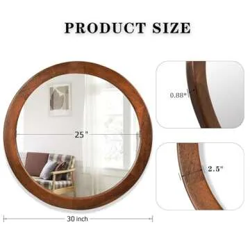 CULER Round Mirrors 30 Inch,Wood Vanity Wall Rustic Mirror with Walnut Frame, Wooden Mirror for Bathroom Bedroom Living Room Or Entryway(Walnut Brown)