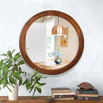 CULER Round Mirrors 30 Inch,Wood Vanity Wall Rustic Mirror with Walnut Frame, Wooden Mirror for Bathroom Bedroom Living Room Or Entryway(Walnut Brown)
