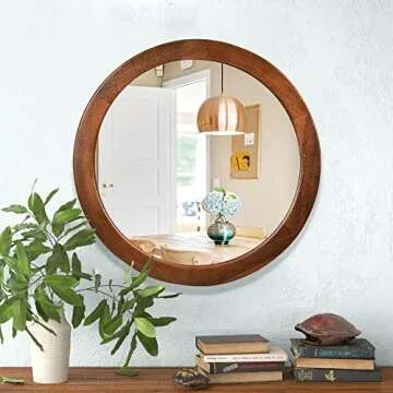 CULER Round Mirrors 30 Inch,Wood Vanity Wall Rustic Mirror with Walnut Frame, Wooden Mirror for Bathroom Bedroom Living Room Or Entryway(Walnut Brown)