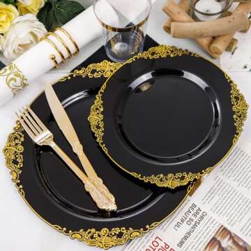 Nervure 350PCS Black Plastic Plates - Black Plastic Dinnerware Sets for 50 Guests - 100 Black Dispos...