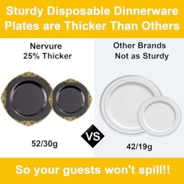 Nervure 350PCS Black Plastic Plates - Black Plastic Dinnerware Sets for 50 Guests - 100 Black Disposable Plates, 150 Gold Plastic Silverware, 50 Cups, 50 Napkins for Wedding & Party & New Year