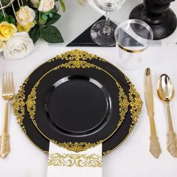 Nervure 350PCS Black Plastic Plates - Black Plastic Dinnerware Sets for 50 Guests - 100 Black Disposable Plates, 150 Gold Plastic Silverware, 50 Cups, 50 Napkins for Wedding & Party & New Year
