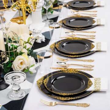 Nervure 350PCS Black Plastic Plates - Black Plastic Dinnerware Sets for 50 Guests - 100 Black Disposable Plates, 150 Gold Plastic Silverware, 50 Cups, 50 Napkins for Wedding & Party & New Year