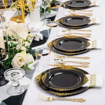 Nervure 350PCS Black Plastic Plates - Black Plastic Dinnerware Sets for 50 Guests - 100 Black Disposable Plates, 150 Gold Plastic Silverware, 50 Cups, 50 Napkins for Wedding & Party & New Year