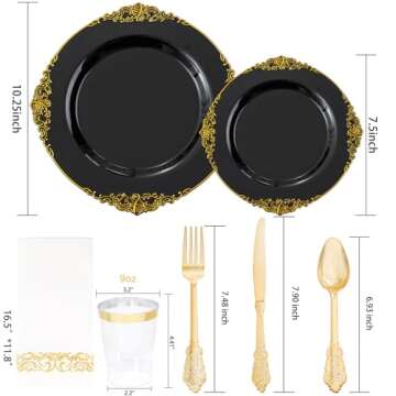 Nervure 350PCS Black Plastic Plates - Black Plastic Dinnerware Sets for 50 Guests - 100 Black Disposable Plates, 150 Gold Plastic Silverware, 50 Cups, 50 Napkins for Wedding & Party & New Year