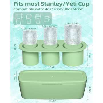 Ice Cube Tray for Stanley Cup, 3 Pcs Cylinder Ice Mold with Lid and Bin for Freezer, Silicone Ice Cubes Tray Easy for 30Oz-40Oz Tumbler, Stanley Ice Mold for Whiskey, Cocktail, Coffee (Green)