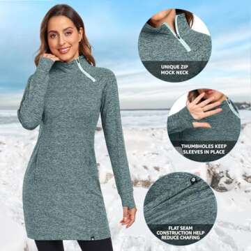 Soneven Women's Thermal Dress Mock Neck Running Fleece Sweatshirts Tunic Dresses with Pockets Winter Outdoor Athletic Quarter Zip Pullover