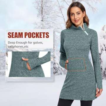 Soneven Women's Thermal Dress Mock Neck Running Fleece Sweatshirts Tunic Dresses with Pockets Winter Outdoor Athletic Quarter Zip Pullover