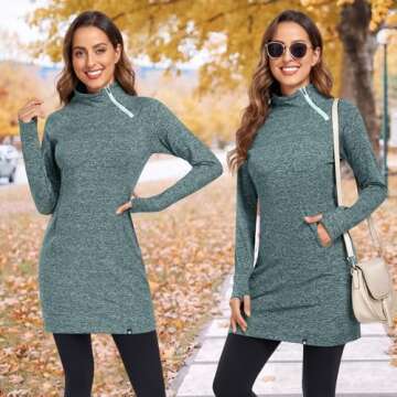 Soneven Women's Thermal Dress Mock Neck Running Fleece Sweatshirts Tunic Dresses with Pockets Winter Outdoor Athletic Quarter Zip Pullover