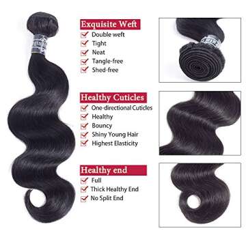 Amella Hair 8A Brazilian Virgin Body Wave Hair 3 Bundles 285g 14" 16" 18" Natural Black Color 100% U...