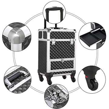 Yaheetech Rolling Makeup Train Case Trolley, Professional Portable Aluminum Cosmetic Artist Travel Storage Jewelry Organizer, W/ 4 Removable 360° Rolling Wheels, Sliding Drawer
