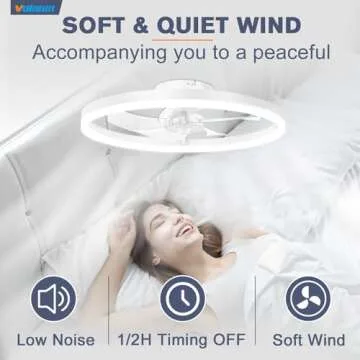 VOLISUN Low Profile Ceiling Fans with Light and Remote,19.7in Modern Bladeless Ceiling Fan with Lights,3000K-6500K Dimmable Flush Mount LED Fan Light,White Fandelier Ceiling Fans for Bedroom