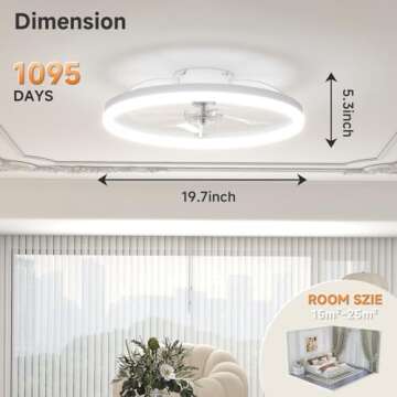 VOLISUN Low Profile Ceiling Fans with Light and Remote,19.7in Modern Bladeless Ceiling Fan with Lights,3000K-6500K Dimmable Flush Mount LED Fan Light,White Fandelier Ceiling Fans for Bedroom