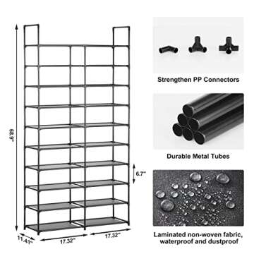 HODYANN 10 Tiers Shoe Rack, 30-40 Pairs Large Shoe Organizer, Sturdy Shoe Storage, Space Saving Tall Metal Shoe Shelf, Stackable Shoe Rack for Closet, Entryway, Bedroom, Black