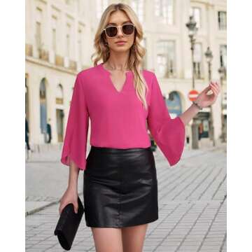Bebonnie Women Dressy Casual Tops: Blouses for Women Fashion 2024 - Work Business Chiffon Blouses and Tops Loose Fit Dressy Tunics or Tops to Wear with Leggings Hot Pink XXL