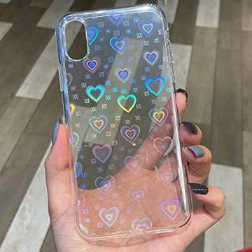 SmoBea Compatible with iPhone X Case, iPhone Xs Case, Laser Glitter Bling Heart Soft & Flexible TPU and Hard PC Shockproof Cover Women Girls Heart Pattern Phone Case (Rainbow Heart/Clear)