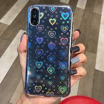 SmoBea Compatible with iPhone X Case, iPhone Xs Case, Laser Glitter Bling Heart Soft & Flexible TPU and Hard PC Shockproof Cover Women Girls Heart Pattern Phone Case (Rainbow Heart/Clear)