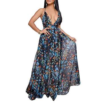Remelon Womens Sexy Spaghetti Strap Deep V Neck Floral Boho Criss Cross Backless Chiffon Beach Party Long Maxi Dress