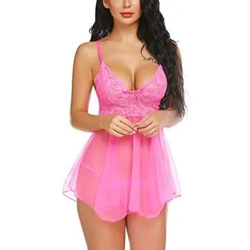 Avidlove Women Babydoll Set Mesh Lingerie Strap Chemise Lace Sleepwear Outfitss Rose Red L