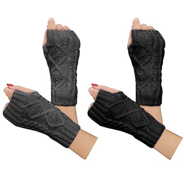 Justay Women Winter Warm Knit Fingerless Gloves Hand Crochet Thumbhole Arm Warmers Mittens