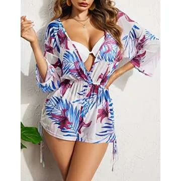 AI'MAGE Cover Ups for Women Sheer Bathing Suit Cover Up Floral Print Swim Cover Up Sexy Swimwear(Floral,Small) White Red