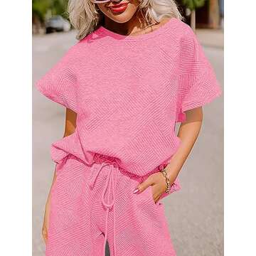 Fazortev Womens 2 Piece Outfits Sweatsuit Short Sleeve Tops and Drawstring Waist Cropped Wide Leg Pants Loungewear Sets Pink