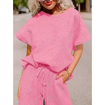 Fazortev Womens 2 Piece Outfits Sweatsuit Short Sleeve Tops and Drawstring Waist Cropped Wide Leg Pants Loungewear Sets Pink