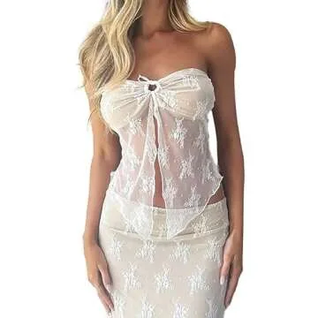 Women's Sexy Two Piece Long Skirt Set Halter Crop Tube Top and Split Maxi Skirt Summer Outfits Y2k C...