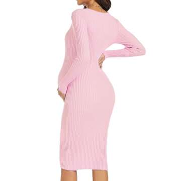 WANTROY Maternity Dress Long Sleeve V Neck Knit Stretchable Sweater Dresses Pregnancy Clothes for Photoshoot Baby Shower Light Pink