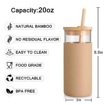 Tronco 20 oz Glass Tumbler With Lids and Straws, Glass Water Bottle Silicone Protective Sleeve, Iced Coffee Cup With Bamboo Lid, Reusable Smoothie Cup, BPA Free (Pink 1 Count)