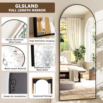 GLSLAND-21x64 inch Arched Full Length Mirror-Aluminum Alloy Frame High Definition-Full Body Mirror for Bedroom or Living Room
